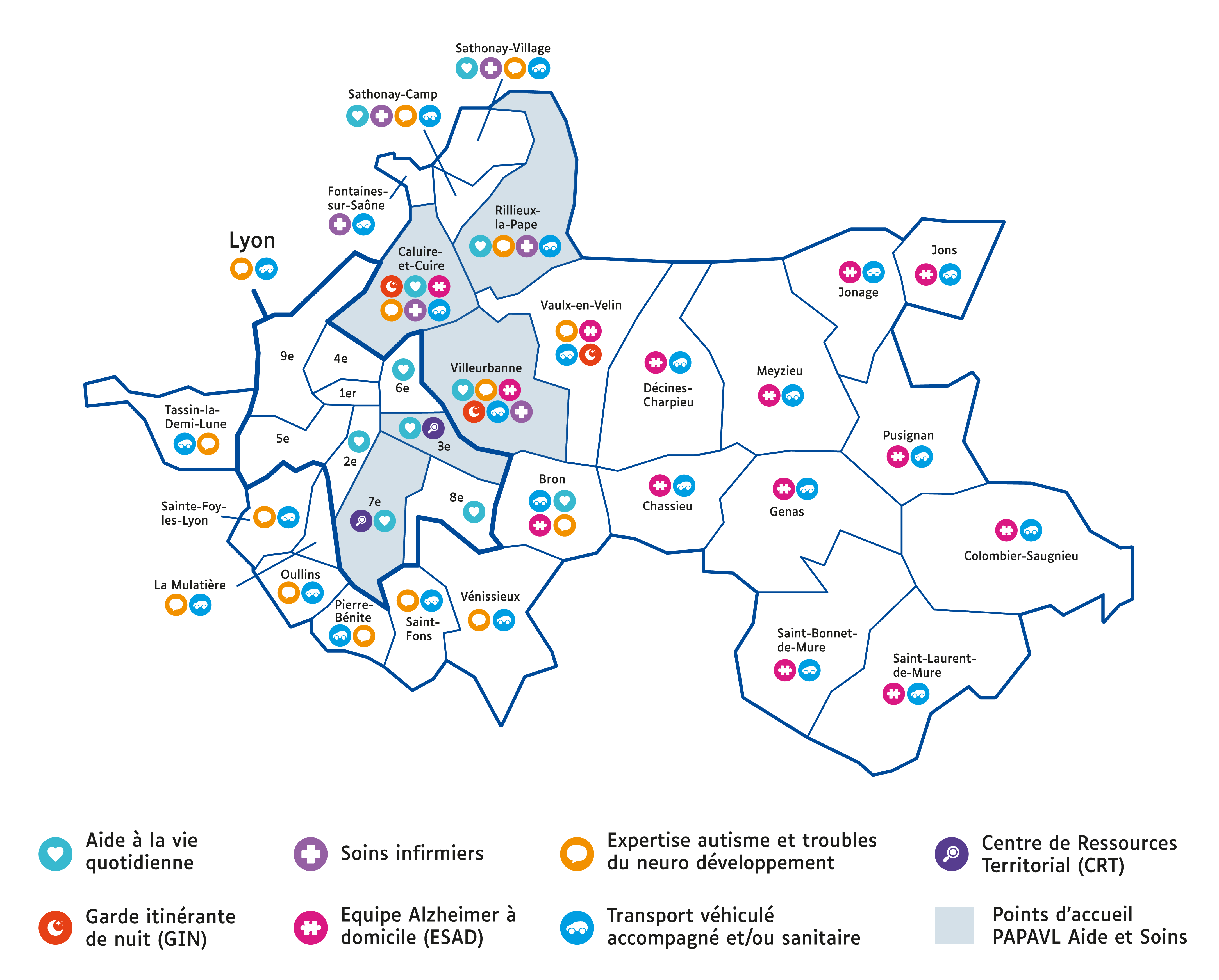 Carte présentant les secteurs d'intervention selon les services proposés par l'association